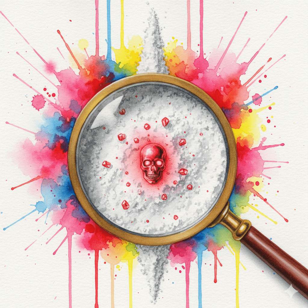 Künstlerische Darstellung von mit Nitazenen gestrecktem Drogenpulver, bei dem ein Vergrößerungsglas die tödlichen, unsichtbaren Partikel aufdeckt.