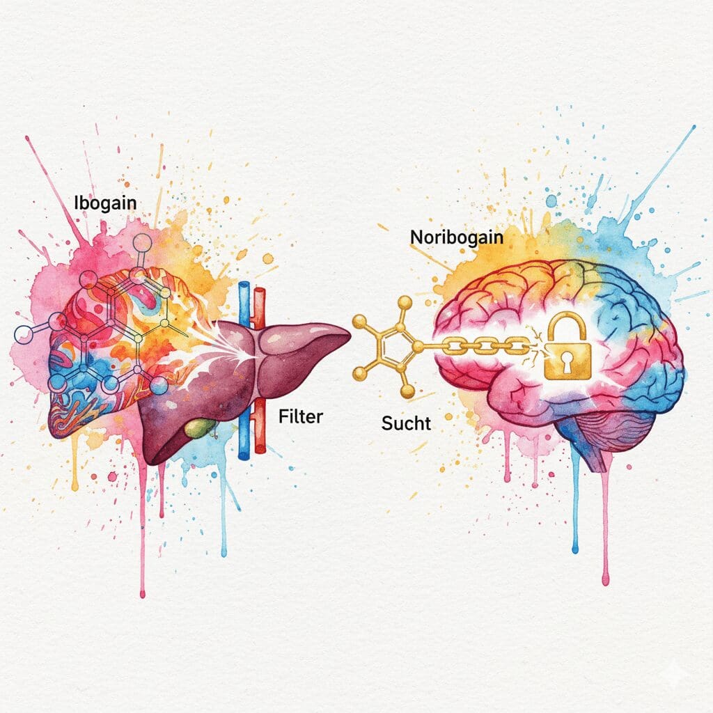 Künstlerische Darstellung, wie die Leber das halluzinogene Ibogain in das therapeutische, nicht-halluzinogene Noribogain umwandelt.