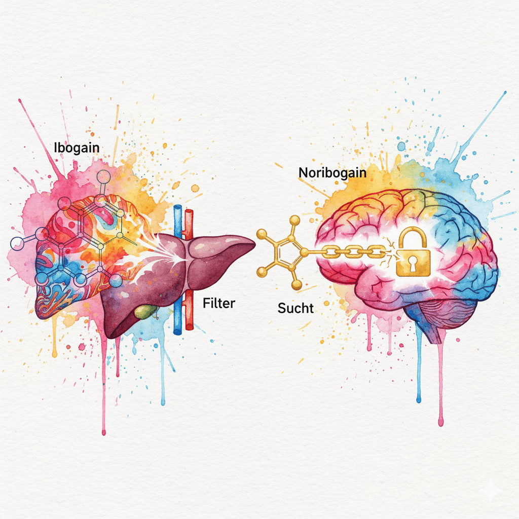 Künstlerische Darstellung, wie die Leber das halluzinogene Ibogain in das therapeutische, nicht-halluzinogene Noribogain umwandelt.