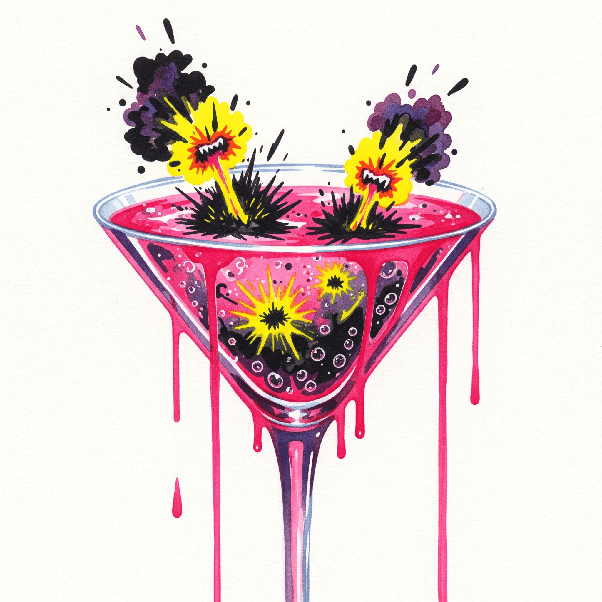 Symbolische Darstellung von "Pink Cocaine" als gefährlicher Drogen-Cocktail in einem Glas, gemalt in chaotischen und zerlaufenden Watercolor-Farben.