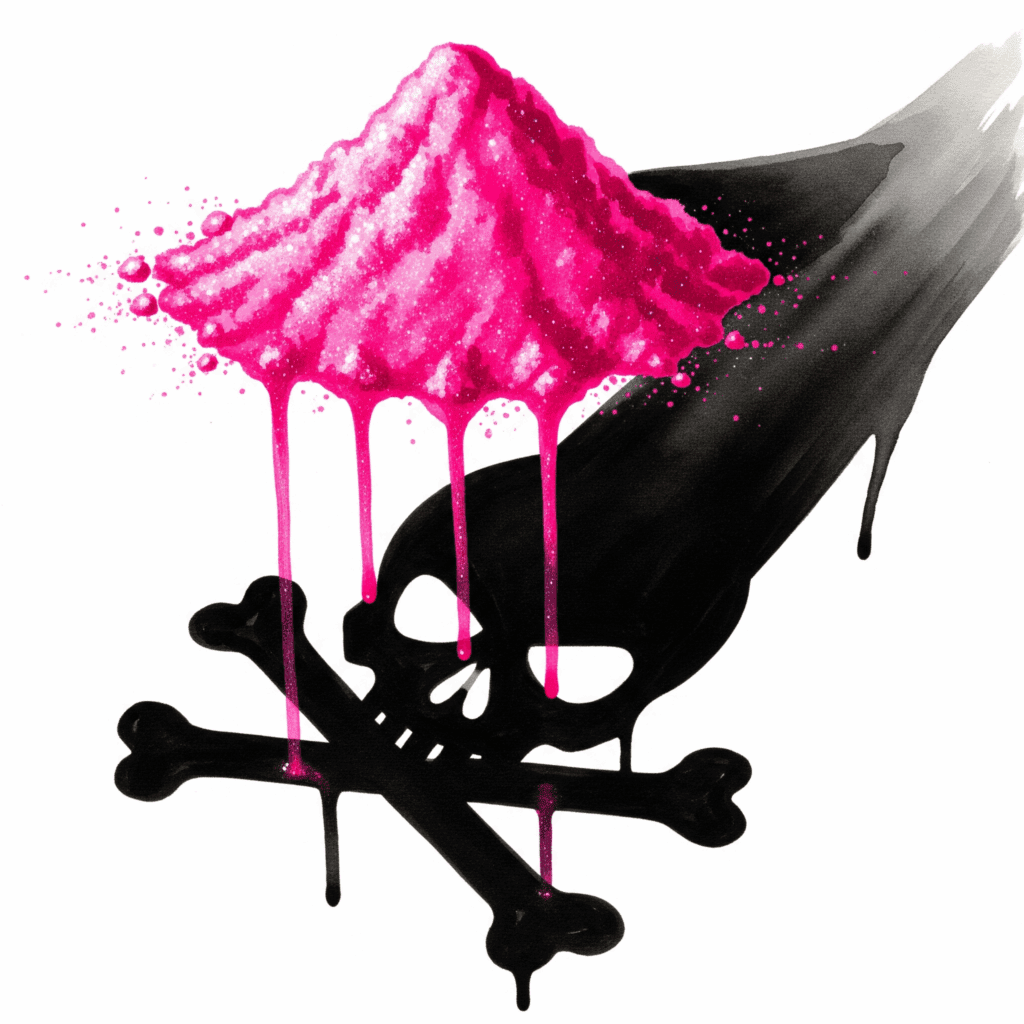 Künstlerische Darstellung von "Pink Cocaine" als leuchtend pinkes Pulver, das einen Totenkopf-Schatten wirft, um die versteckte, tödliche Gefahr hinter dem Marketing zu symbolisieren.