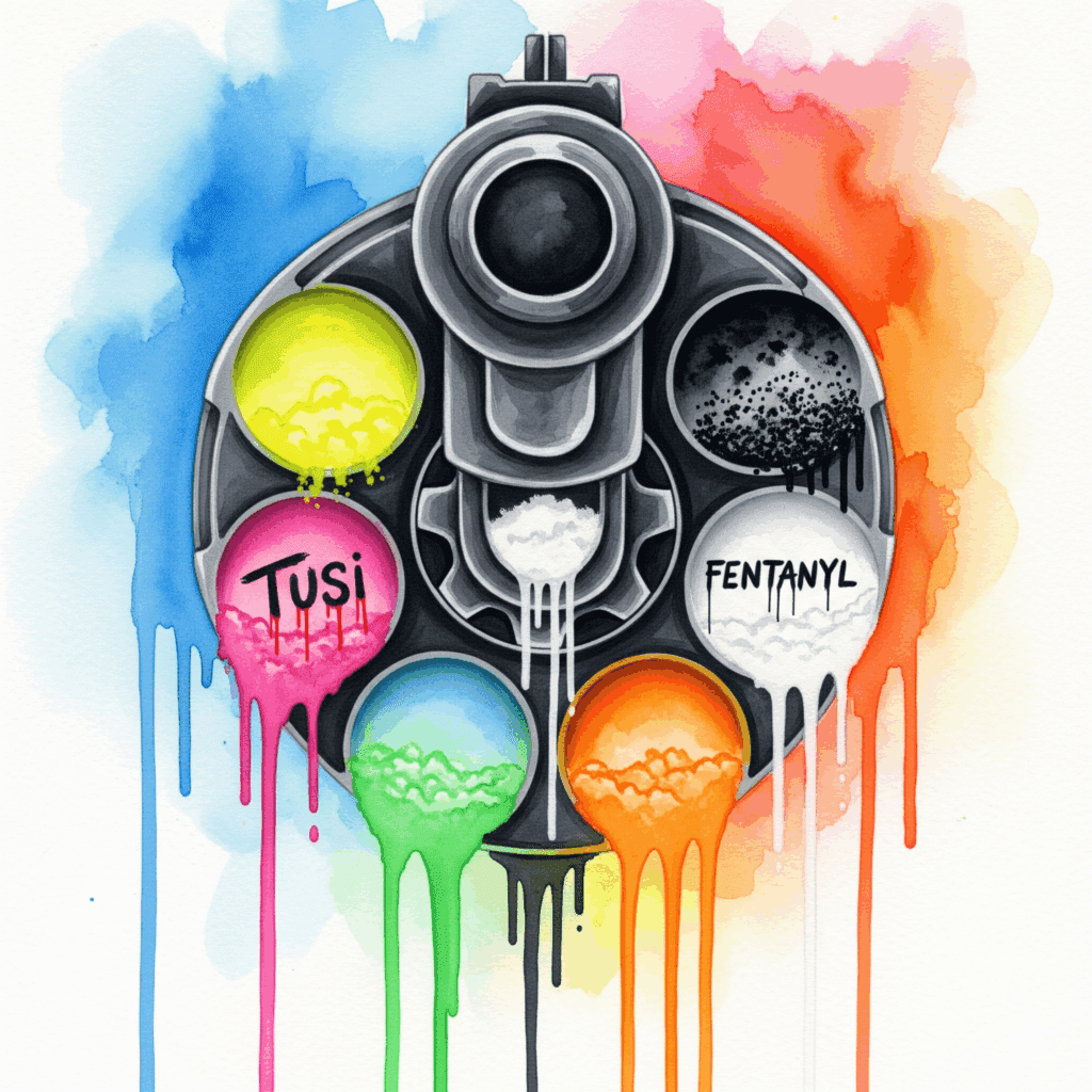 Symbolische Darstellung der unkalkulierbaren Gefahr von "Pink Cocaine" als russisches Roulette, bei dem jede Dosis eine andere, potenziell tödliche Zusammensetzung haben kann.