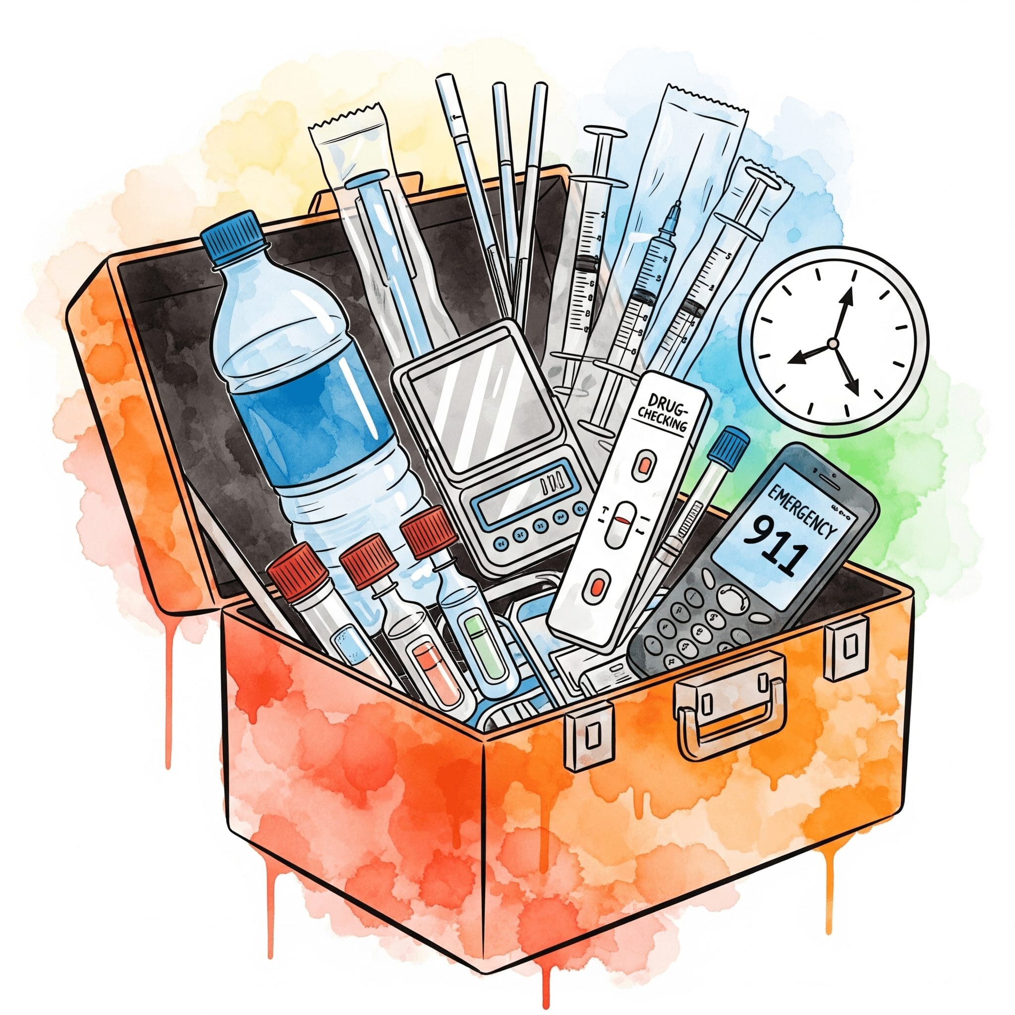 Symbolische Darstellung eines Safer-Use-Kits als Werkzeugkasten mit wichtigen Gegenständen wie Wasser, Waage und sauberen Utensilien.