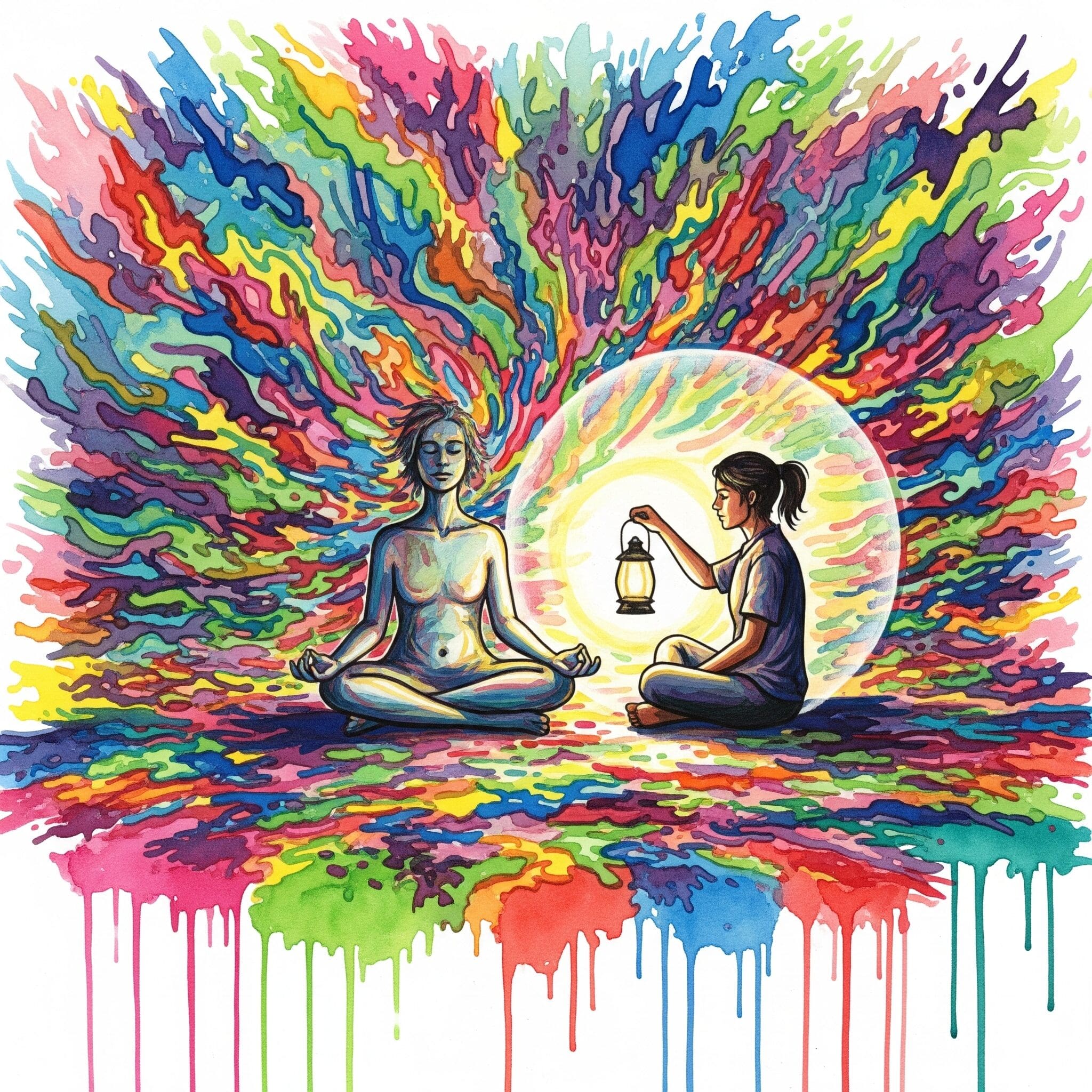 Symbolische Darstellung eines Tripsitters, der einer Person während einer intensiven Drogenerfahrung Sicherheit und Schutz bietet.