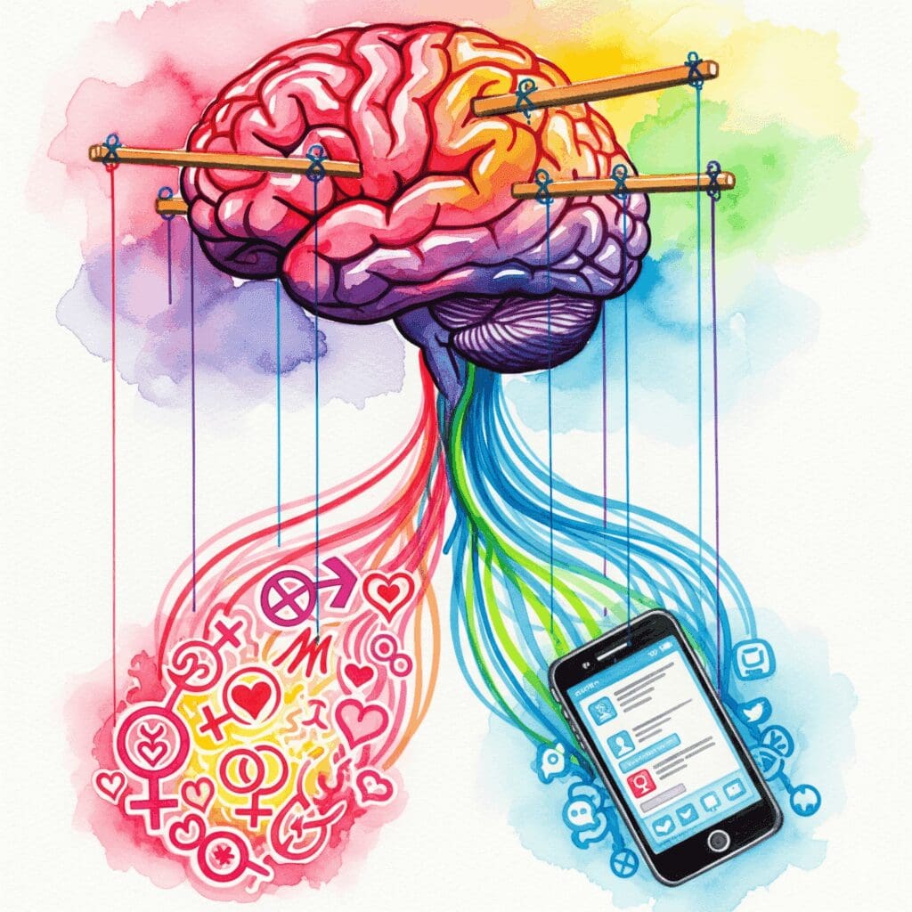 Künstlerische Darstellung, wie Amphetamine und Dopamin das Gehirn kapern und zu zwanghaftem sexuellen Verhalten führen.