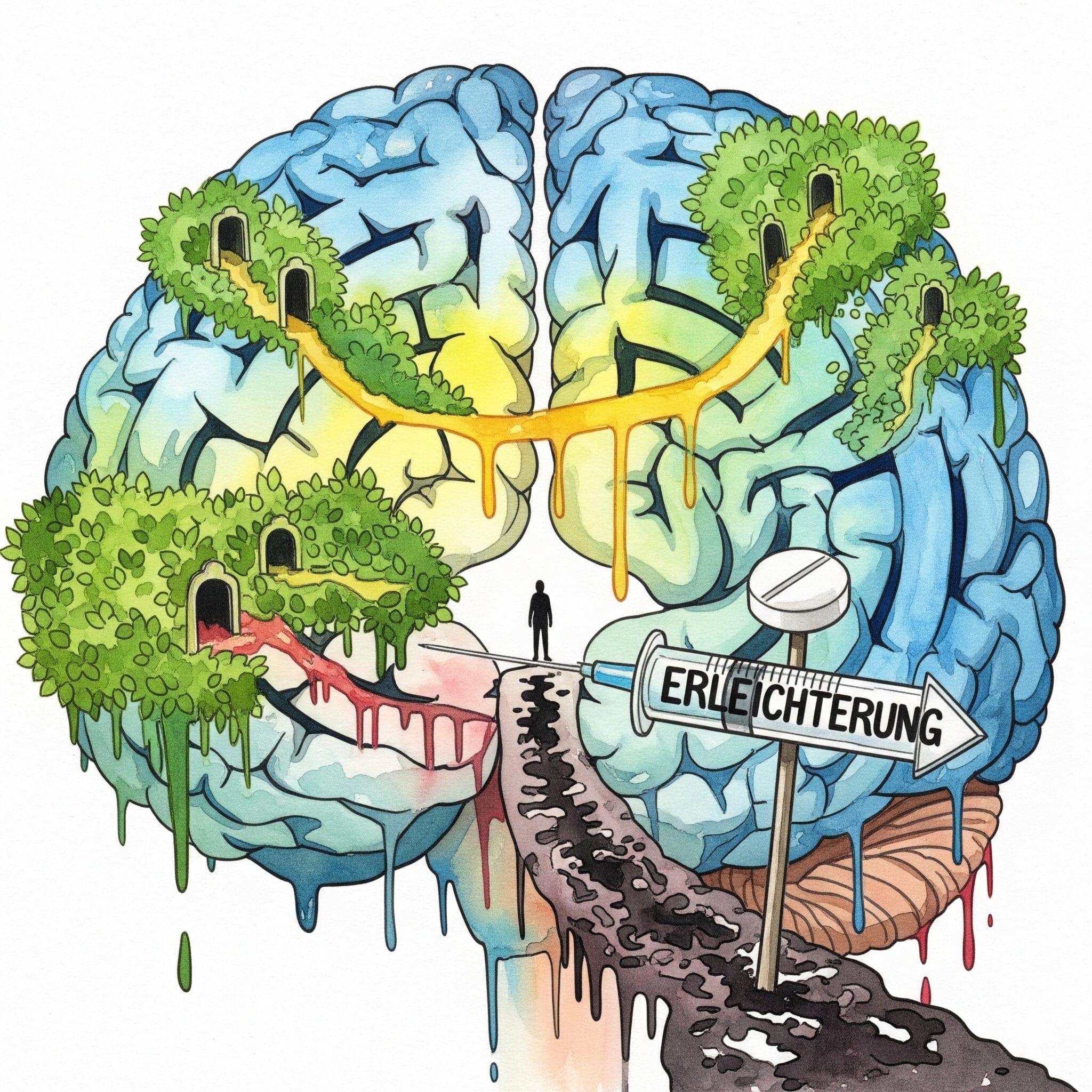 Ein Gehirn als Labyrinth, in dem ein Drogen-Wegweiser in die falsche Richtung zeigt, als Symbol für die erlernten, schädlichen Verknüpfungen im Suchthirn.