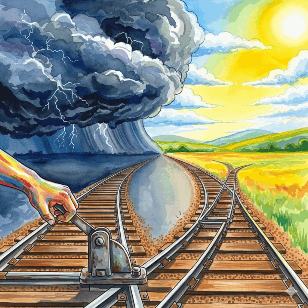 Eine Hand, die eine Weiche umstellt, um einen Zug von einem dunklen auf einen hellen Weg zu leiten, als Symbol für das aktive Umprogrammieren des Suchthirns.