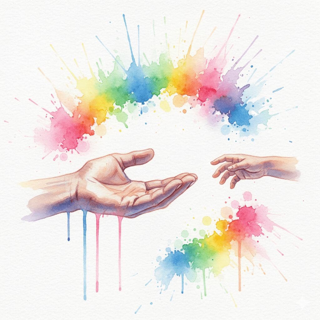 Eine große Hand bietet einer kleinen, zögerlichen Hand Hilfe an. Symbol für das richtige Hilfsangebot an suchtkranke Kinder.