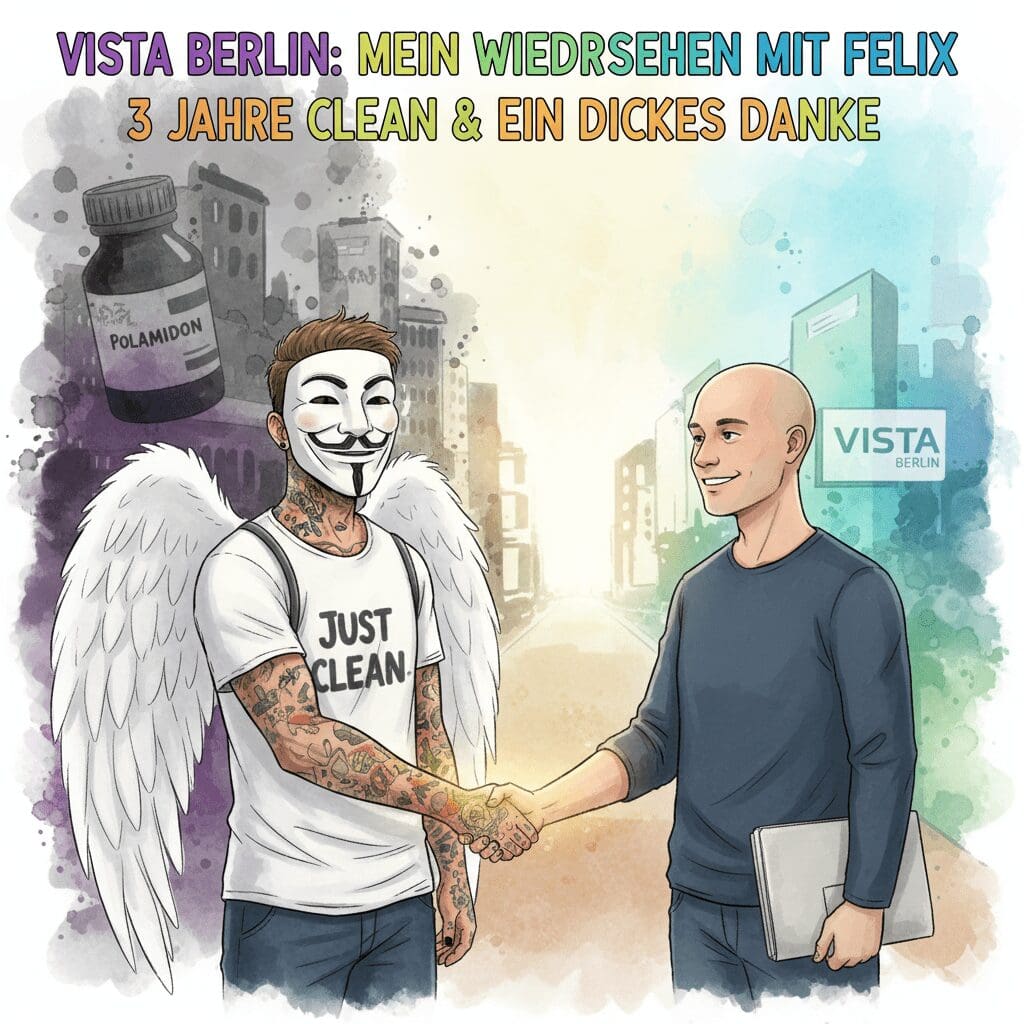 "Vista Berlin: Mein Wiedersehen mit Felix". Die NeelixberliN-Figur bedankt sich bei ihrem früheren Drogenberater Felix. Symbol für Dankbarkeit und den Weg aus der Sucht.
