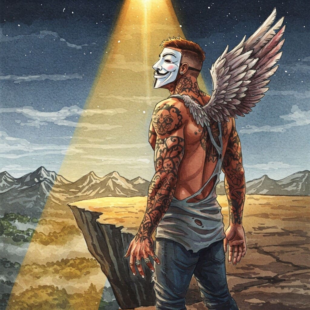 Bild in bunten lebendigen / realistischen Watercolor Farben. Ein sportlicher Mann mit Anonymous Maske. Er ist tätowiert, hat schwarze und weiße lackierte Fingernägel und einen zerfranztes Hemd und Engelsflügel auf dem Rücken. Ein Bild, das Ziel und Zukunft symbolisiert. Ein Mensch, der auf einem Berg steht und in die Ferne blickt, ein Weg, der in eine sonnige Landschaft führt, oder eine Pflanze, die aus trockenem Boden wächst.
Keywords: Zukunft, Neuanfang, Freiheit, Leben ohne Drogen, Ziel erreichen, Perspektive, Vorbilder