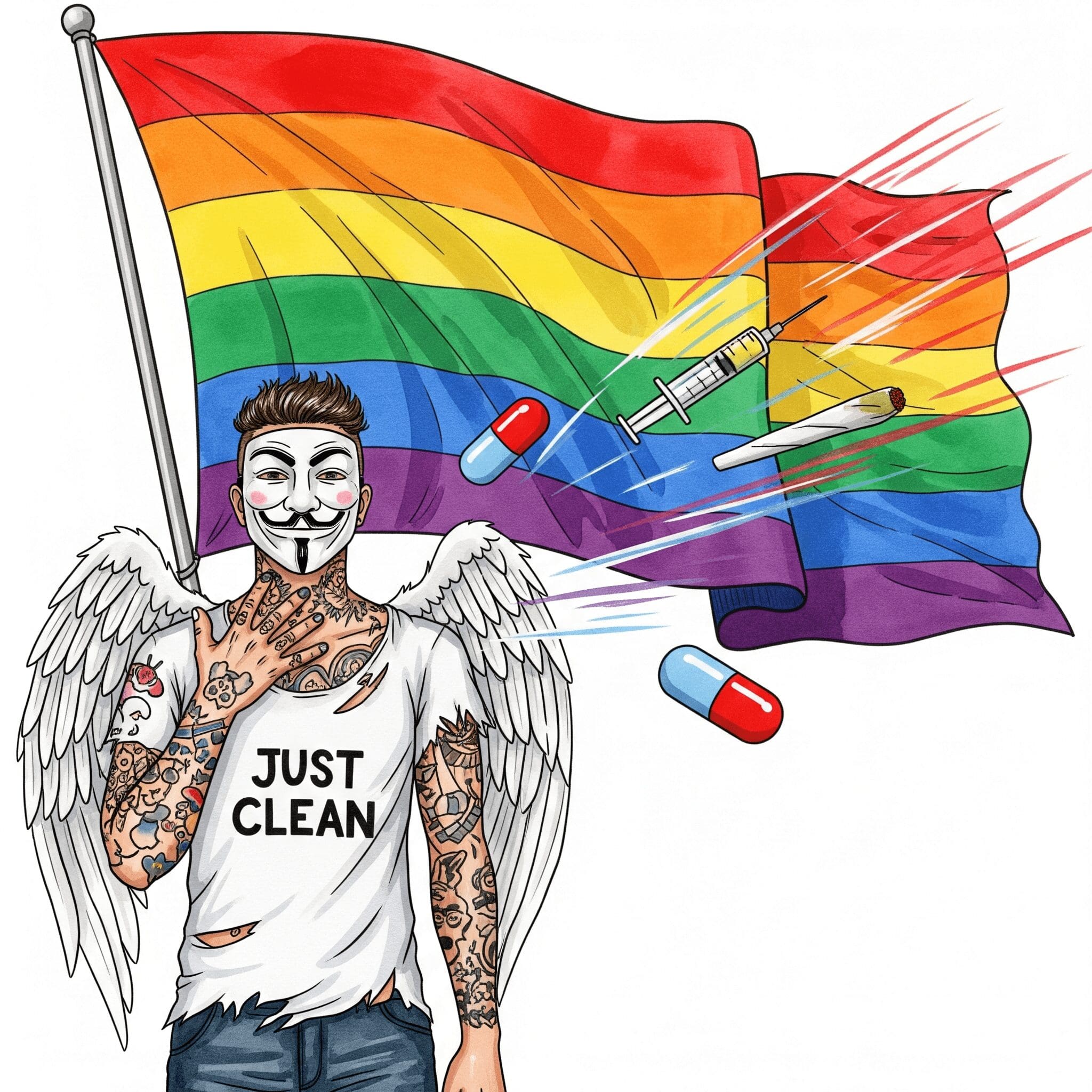 Eine Regenbogenflagge, die stark im Wind weht. Davor prallen stilisierte Drogen-Symbole (Pille, Spritze, Joint) ab wie von einem Schutzschild. Symbolisiert die Stabilität der sexuellen Orientierung. "sexuelle Orientierung ist stabil", "LGBTQ+ Aufklärung", "Drogenmythen"