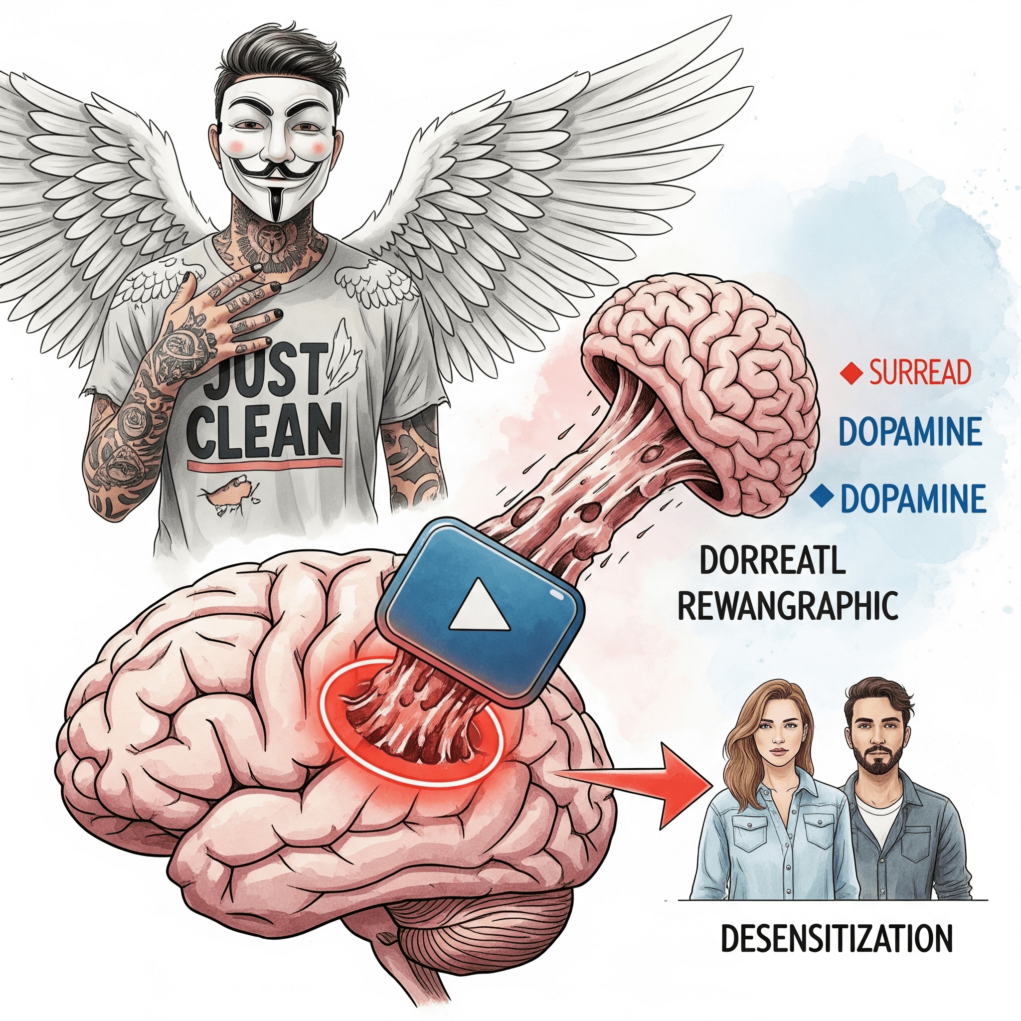 Eine Grafik eines Gehirns. Ein "Play"-Button von einem Porno-Video drückt auf das Belohnungszentrum und löst eine riesige, unnatürliche Dopamin-Ausschüttung aus. Daneben ist ein Bild von zwei echten Menschen, das nur eine kleine Dopamin-Ausschüttung bewirkt. Symbolisiert die Desensibilisierung "Dopamin und Pornosucht", "Belohnungssystem Gehirn", "Porno-induzierte erektile Dysfunktion"