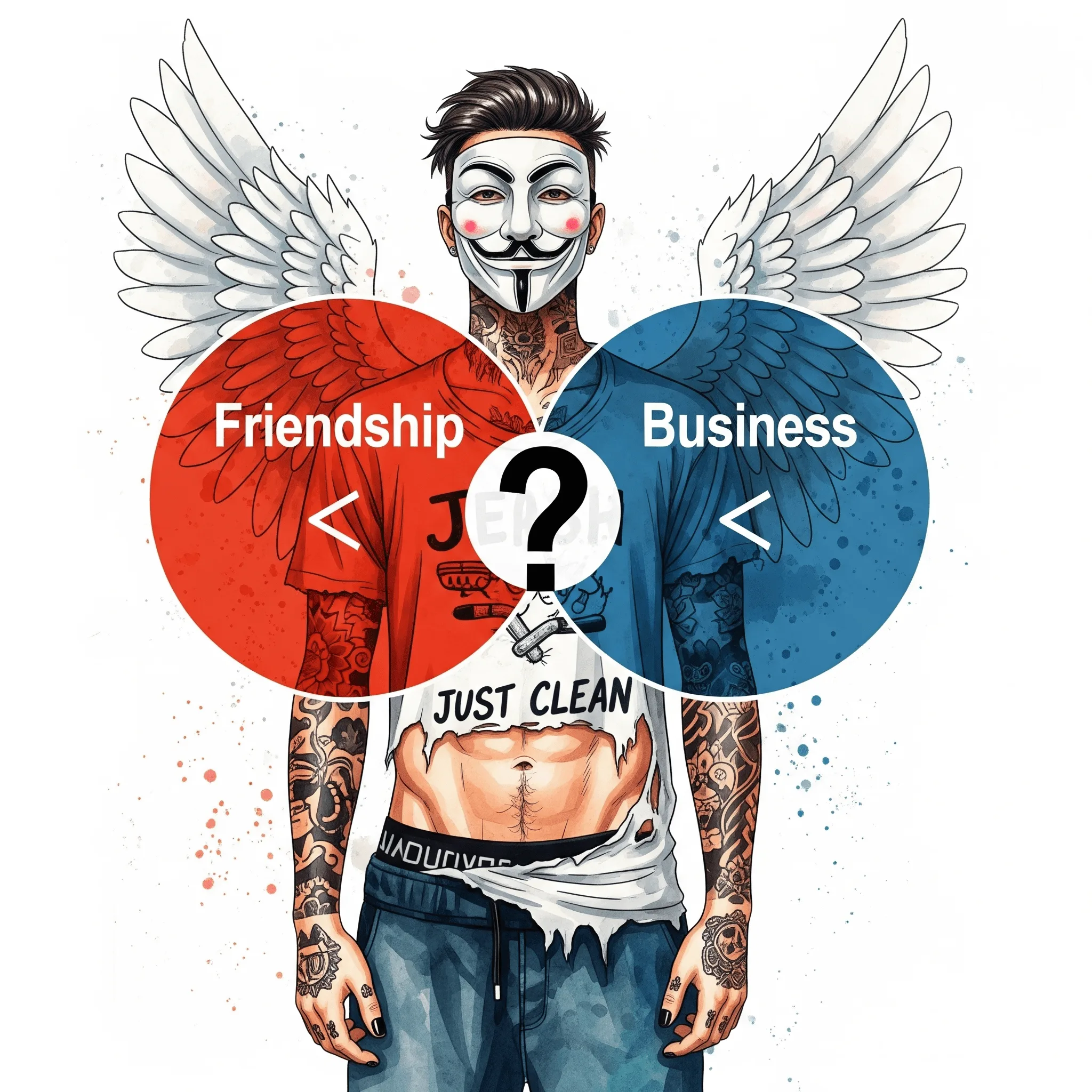Eine Grafik mit zwei Kreisen, die sich überlappen. Ein Kreis ist beschriftet mit "Freundschaft ❤️", der andere mit "Geschäft 💸". Im überlappenden Bereich steht ein großes Fragezeichen. Symbolisiert die verworrene Grauzone. "Sex für Drogen", "Grauzone Prostitution", "Grenzen in Freundschaft"