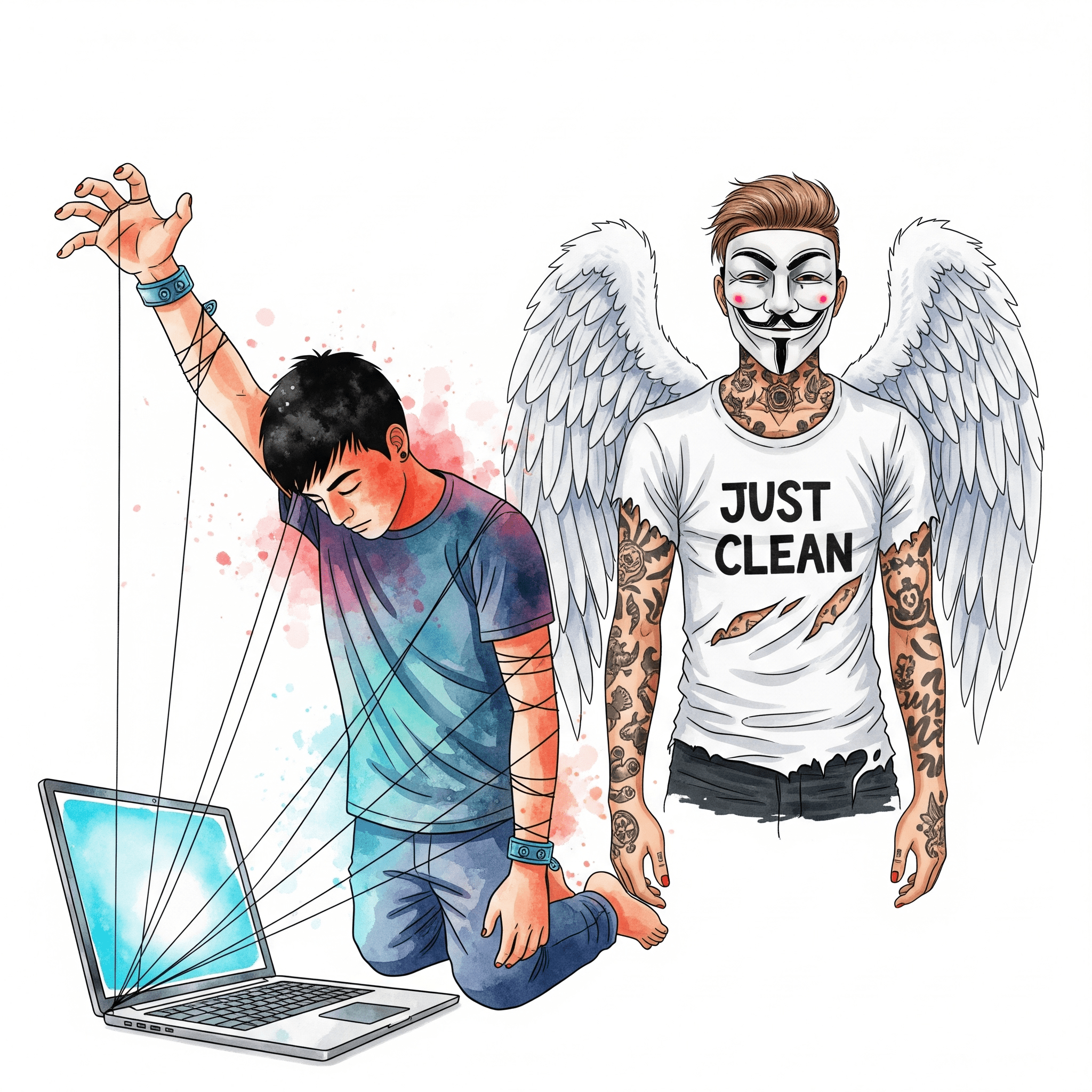 Eine stilisierte Grafik einer Person, die wie von unsichtbaren Fäden von einem leuchtenden Laptop-Bildschirm gesteuert wird. Die Person wirkt willenlos und gefangen.  "Pornosucht als Verhaltenssucht", "zwanghafter Pornokonsum", "Kontrollverlust"