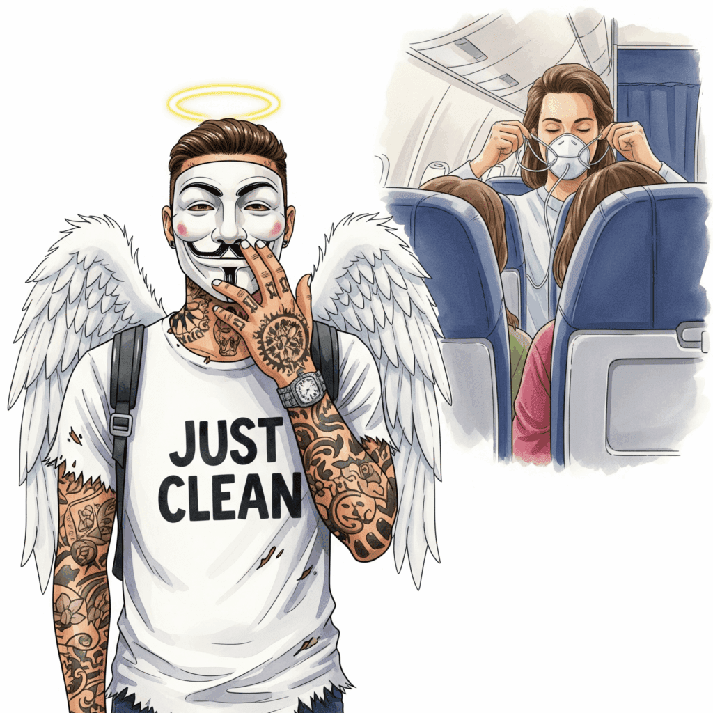 Eine Person in einem Flugzeug, die sich zuerst selbst die Sauerstoffmaske aufsetzt, bevor sie einer anderen Person hilft. Symbolisiert die Notwendigkeit der Selbstfürsorge. "Selbstfürsorge für Angehörige", "eigene Sauerstoffmaske zuerst", "sich selbst schützen"