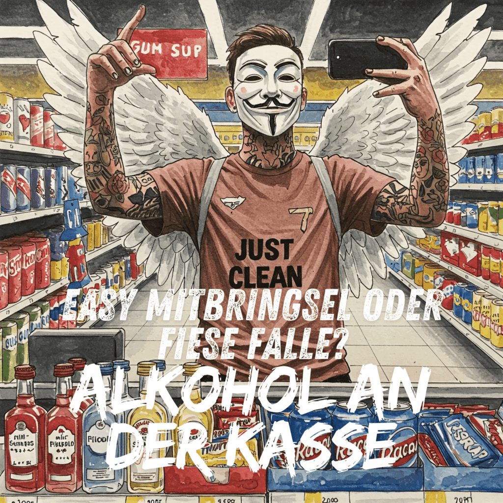 Ein Foto einer typischen Supermarktkasse. Im Vordergrund, gut sichtbar neben Kaugummis und Süßigkeiten, stehen diverse kleine Alkoholflaschen (Mini-Schnaps, Piccolo, Dosenbier). Der Fokus liegt klar auf diesen Produkten im direkten Kassenumfeld. Keyword: Alkohol an der Kasse im Supermarkt - Kleine Flaschen als Impulskauf