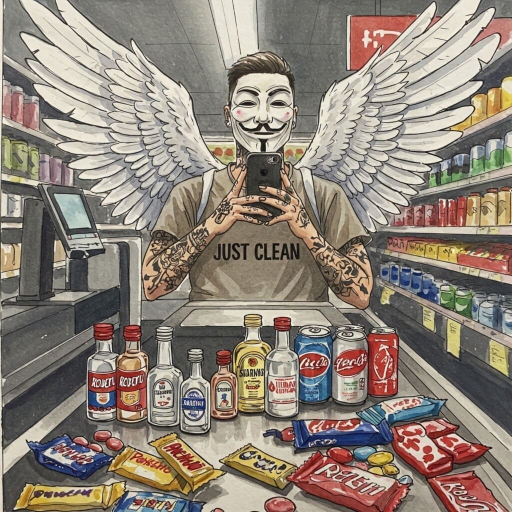 Ein Foto einer typischen Supermarktkasse. Im Vordergrund, gut sichtbar neben Kaugummis und Süßigkeiten, stehen diverse kleine Alkoholflaschen (Mini-Schnaps, Piccolo, Dosenbier). Der Fokus liegt klar auf diesen Produkten im direkten Kassenumfeld. Keyword: Alkohol an der Kasse im Supermarkt - Kleine Flaschen als Impulskauf