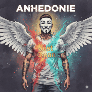 itelbild zum Thema Anhedonie (emotionale Taubheit) mit der NeelixberliN-Figur (Anonymous-Maske, Engelsflügel, "Just Clean"-Shirt). Der graue Körper der Figur bricht auf, während intensive Farben herausströmen, was die Rückkehr der Emotionen in der Recovery symbolisiert. Oben steht der Titel "ANHEDONIE".