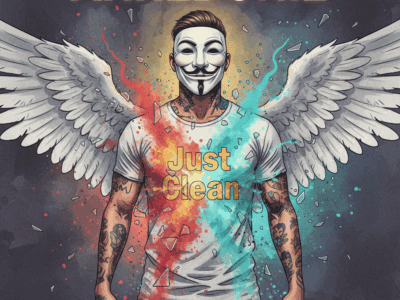 itelbild zum Thema Anhedonie (emotionale Taubheit) mit der NeelixberliN-Figur (Anonymous-Maske, Engelsflügel, "Just Clean"-Shirt). Der graue Körper der Figur bricht auf, während intensive Farben herausströmen, was die Rückkehr der Emotionen in der Recovery symbolisiert. Oben steht der Titel "ANHEDONIE".