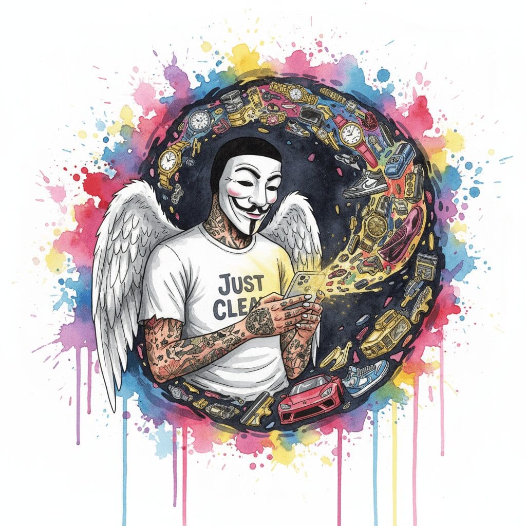 NeelixberliN-Figur mit Anonymous-Maske wird von einem Strudel aus Luxusgütern aus einem Smartphone eingesaugt, Symbol für Social-Media-Druck und Kaufsucht.