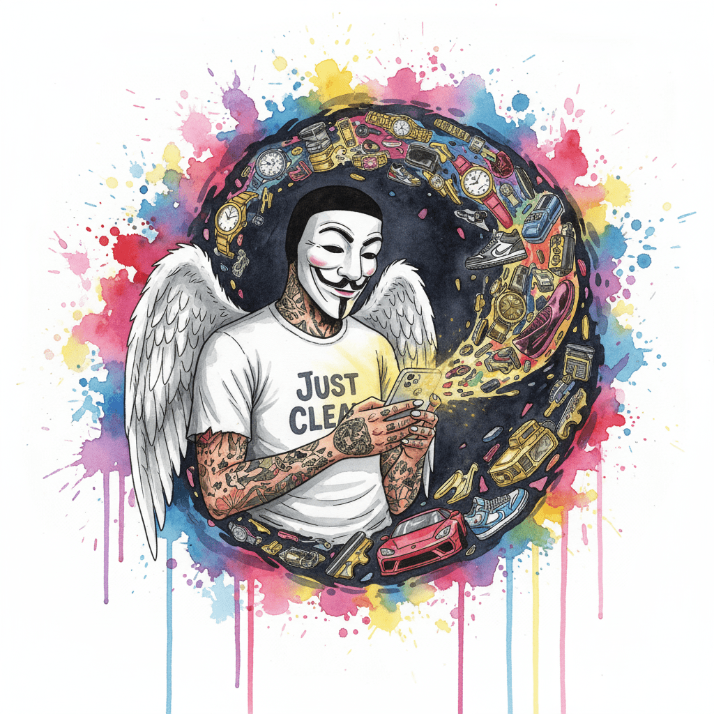 NeelixberliN-Figur mit Anonymous-Maske wird von einem Strudel aus Luxusgütern aus einem Smartphone eingesaugt, Symbol für Social-Media-Druck und Kaufsucht.