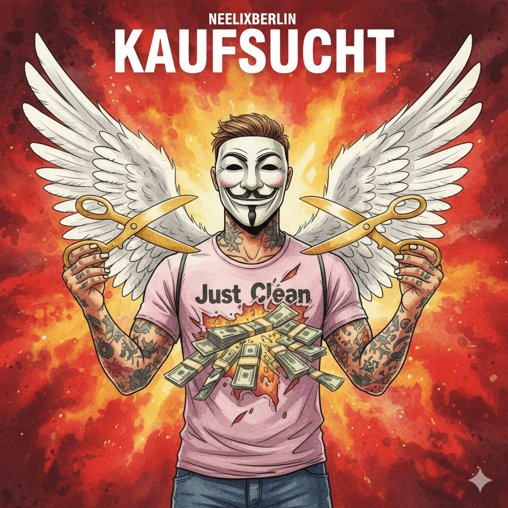 Titelbild zum Thema Kaufsucht mit der NeelixberliN-Figur (Anonymous-Maske, Engelsflügel, "Just Clean"-Shirt). Die Figur hält zwei goldene Kreditkarten wie Scheren und zerschneidet damit symbolisch Geldscheine, die aus ihrem Herzen kommen. Oben steht der Titel "KAUFSUCHT".