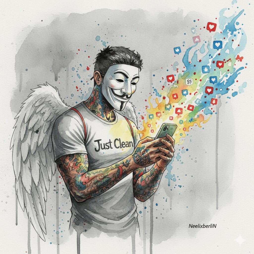 NeelixberliN-Figur mit Anonymous-Maske und Engelsflügeln wird von einem Dopamin-Kick aus einem Smartphone gefesselt, Symbol für Pornosucht.