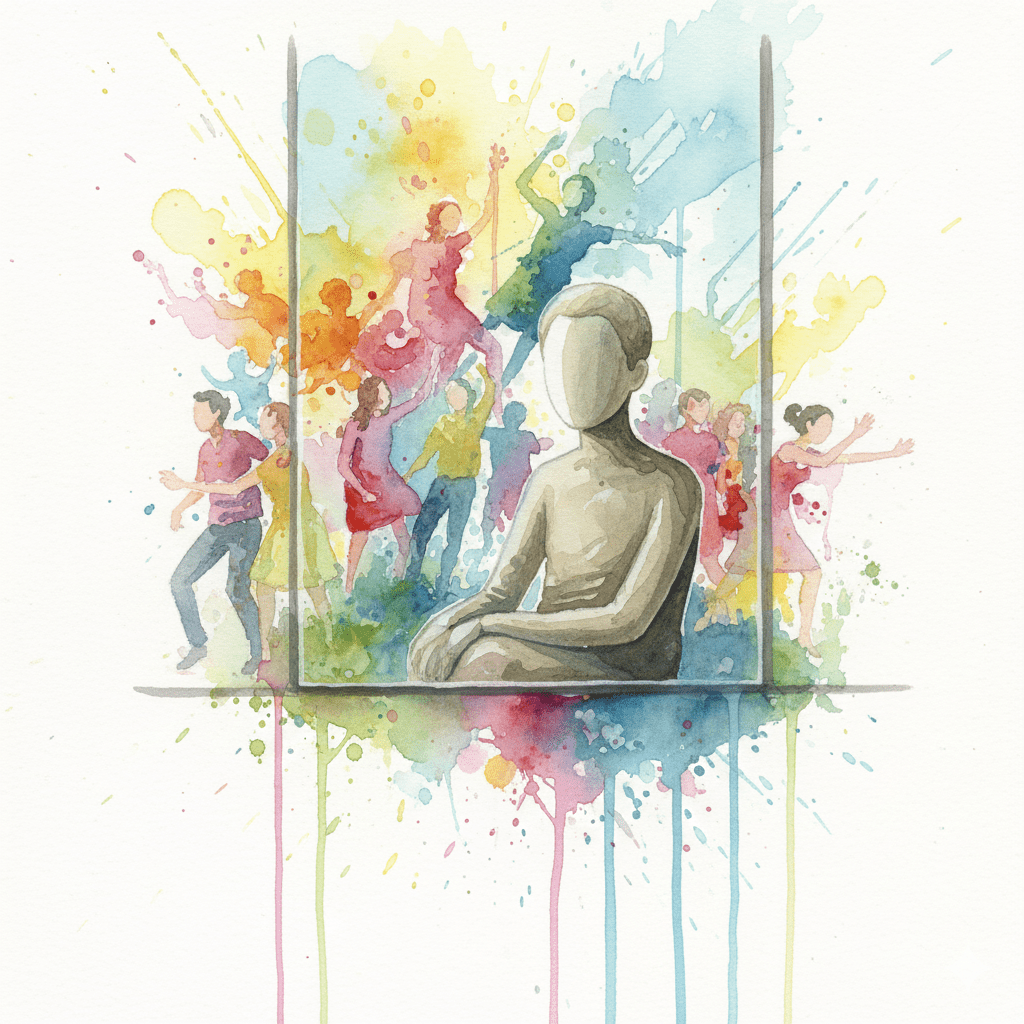 Künstlerische Darstellung der Anhedonie (emotionale Taubheit), bei der eine Figur ihre eigene Welt nur noch wie durch eine Glasscheibe erlebt.