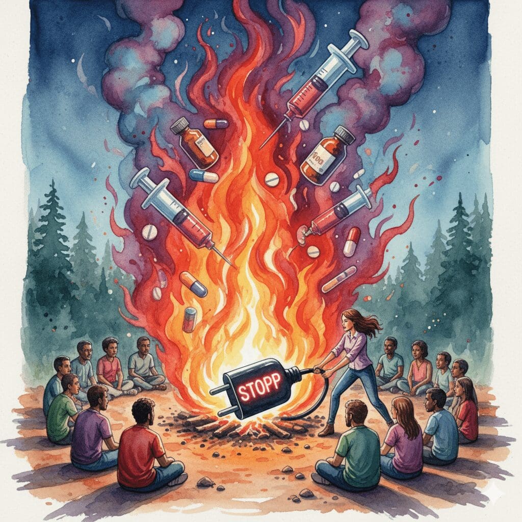 Eine Person zieht den Stecker eines Feuers aus Drogensymbolen, als Symbol für das aktive Unterbrechen von Heißreden in einer Gruppe.