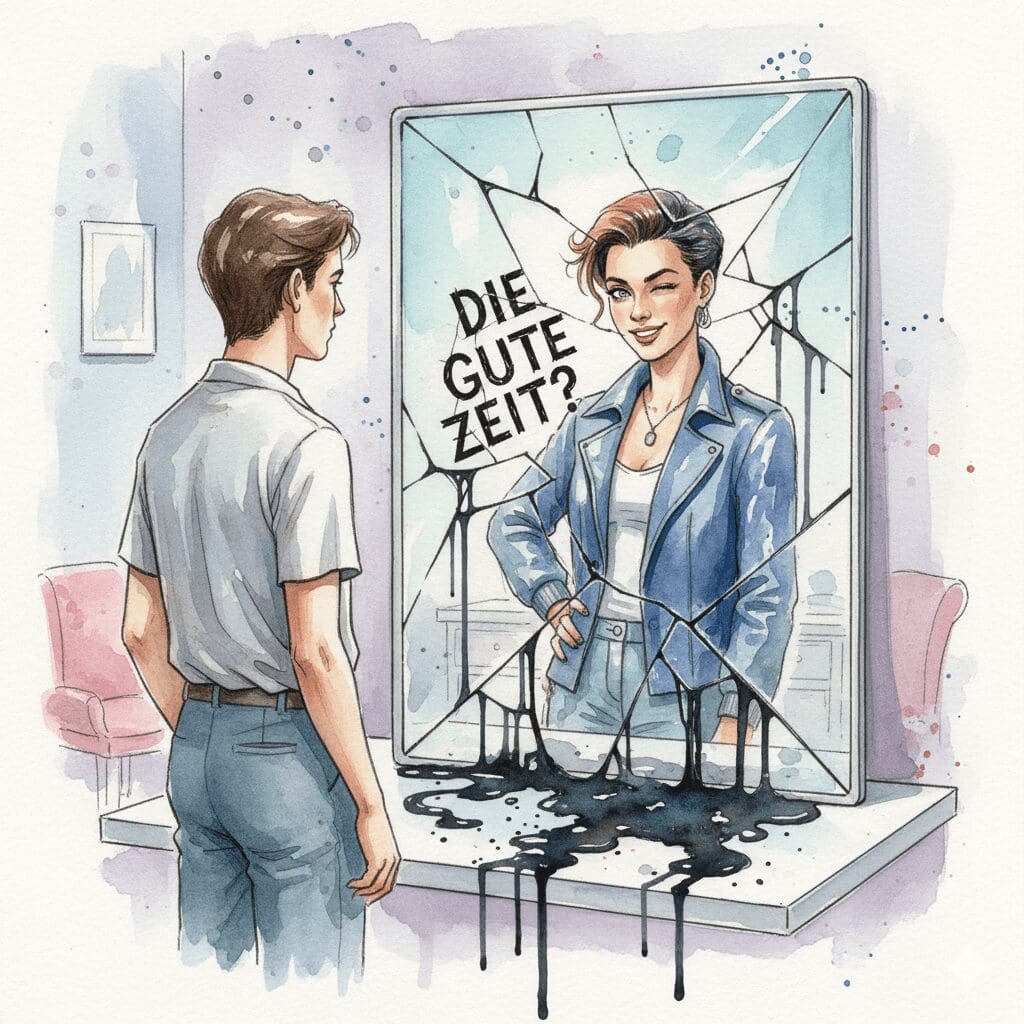 Eine Person sieht ihr verklärtes, jüngeres Drogen-Ich im Spiegel, als Symbol für den Euphoric Recall und das Heißreden.