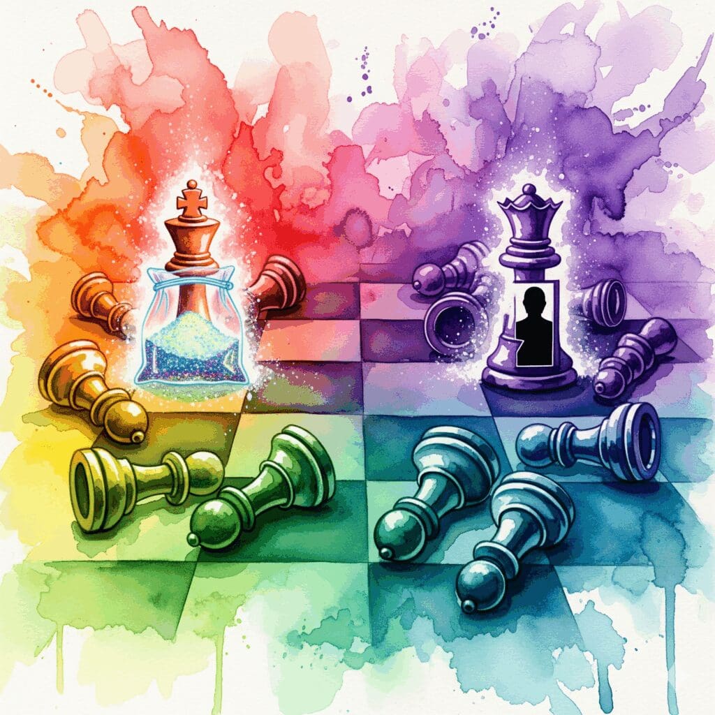 Ein Schachbrett, auf dem eine Droge die Königsfigur ist und eine menschliche Figur in die Enge getrieben wird, als Symbol für das Machtgefälle und die Ausbeutung bei transaktionalem Sex.