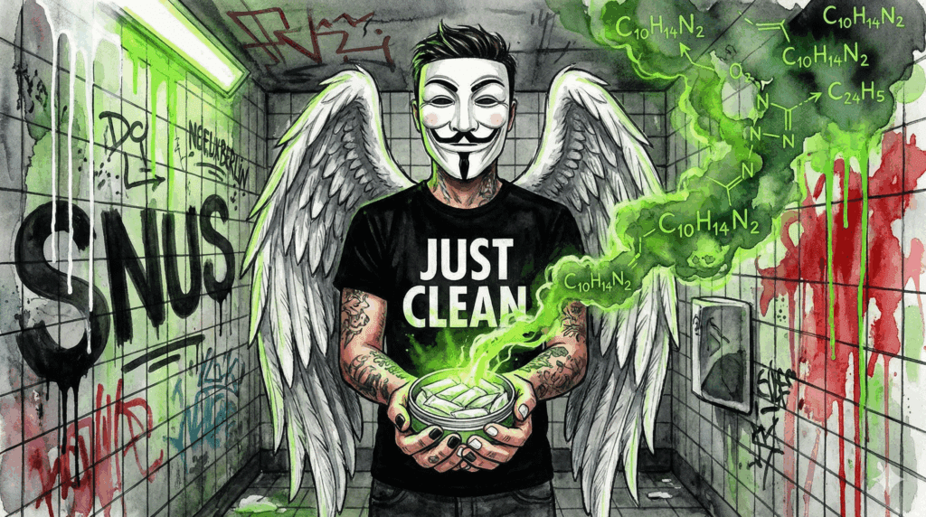 NeelixberliN-Figur mit Anonymous-Maske zeigt eine Dose Snus Nikotinbeutel, aus der giftiger grüner Rauch aufsteigt. Hintergrund Graffiti SNUS. Warnung vor Zahnfleischschäden.