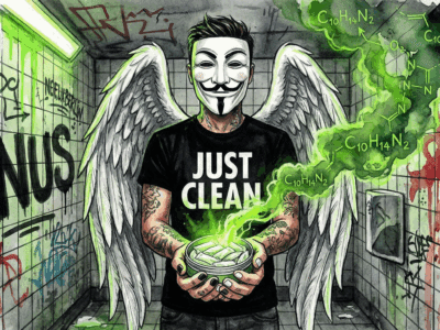 NeelixberliN-Figur mit Anonymous-Maske zeigt eine Dose Snus Nikotinbeutel, aus der giftiger grüner Rauch aufsteigt. Hintergrund Graffiti SNUS. Warnung vor Zahnfleischschäden.