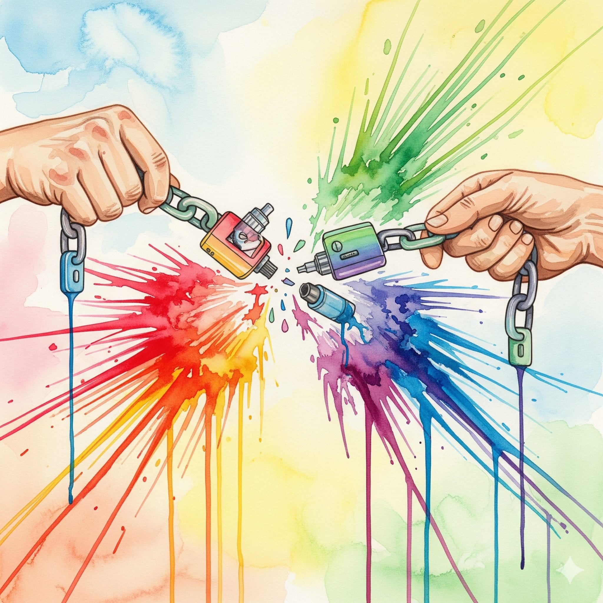 Symbolische Darstellung des Ausstiegs aus der Nikotinsucht durch Vaping, gezeigt als Hände, die eine Kette aus Vapes sprengen, in bunten Watercolor-Farben.