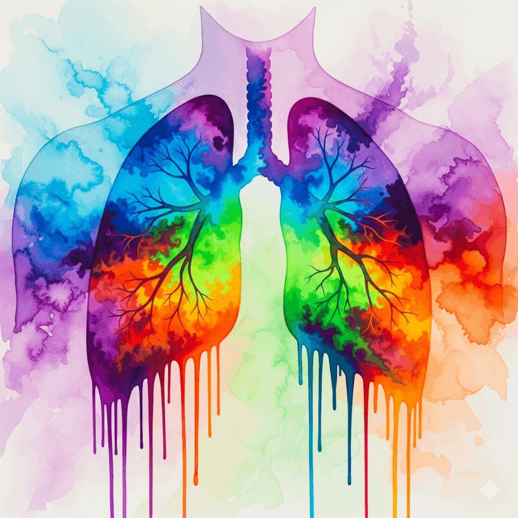 Künstlerische Darstellung der potenziellen Lungenschäden durch das Inhalieren von E-Zigaretten-Aerosol, gezeigt als bunte, chemische Nebel in einer Lungensilhouette.