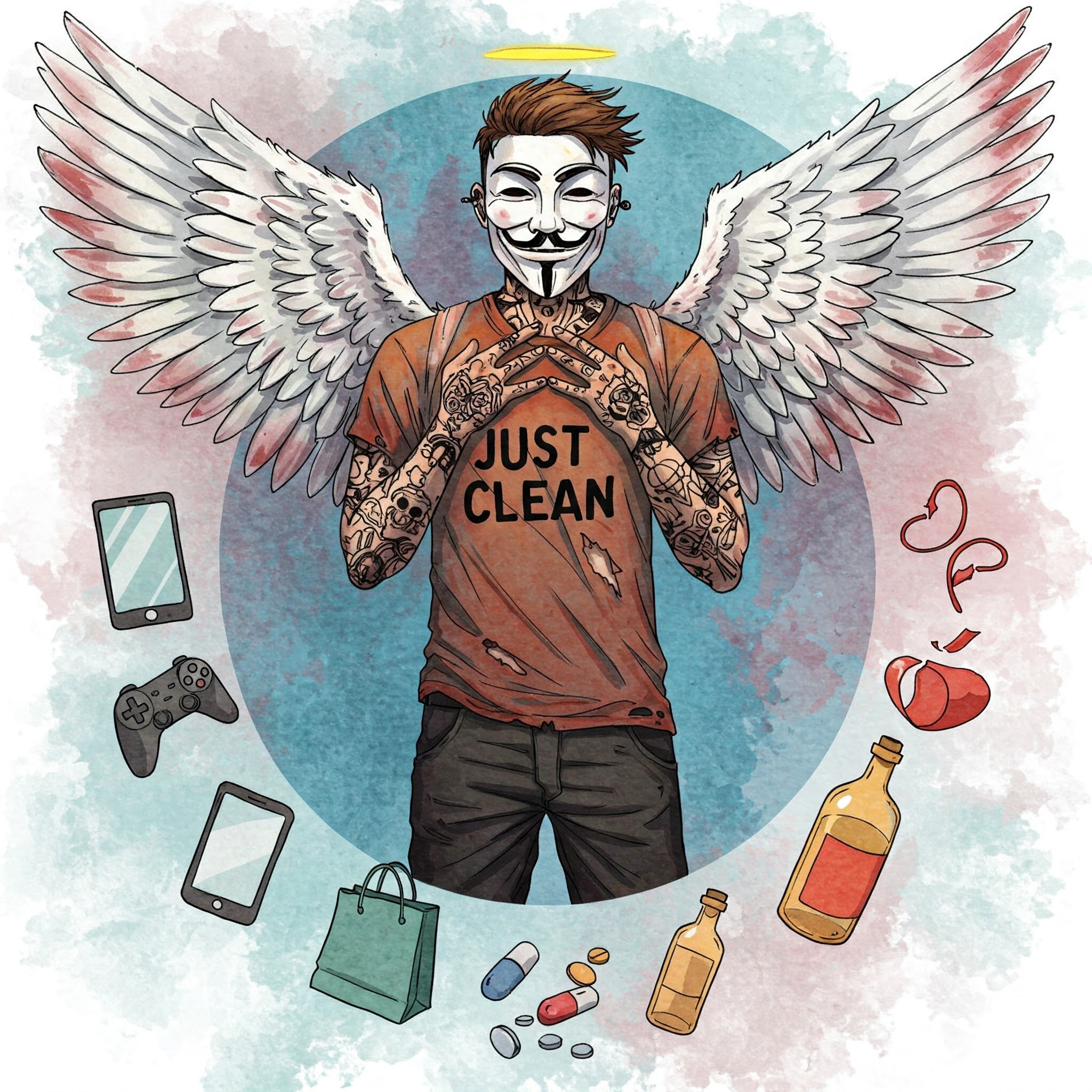 Eine Person, die in einem Kreis aus verschiedenen Symbolen (Handy, Spielcontroller, Einkaufstasche, Drogen, Flasche) steht und überfordert aussieht. Keyword: Sucht Symptome, Arten von Sucht