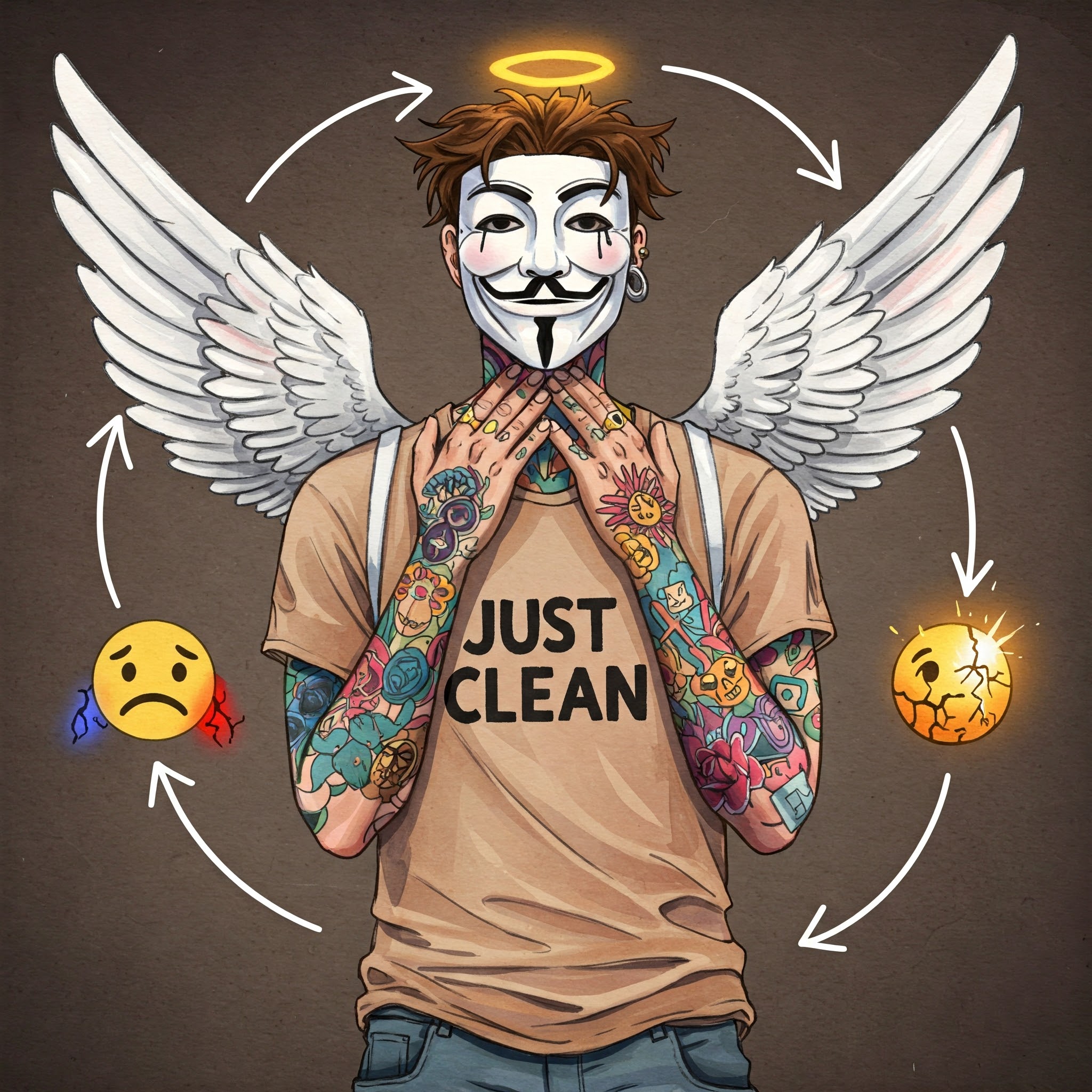 Eine grafische Darstellung, die von einem traurigen oder gestressten Emoji ausgeht und zu einem hellen, aber zerbrechlichen oder rissigen Emoji (Sucht) führt, mit Pfeilen, die den Weg darstellen. Keyword: Sucht Ursachen, Sucht Zyklus, Problem Lösung Sucht
