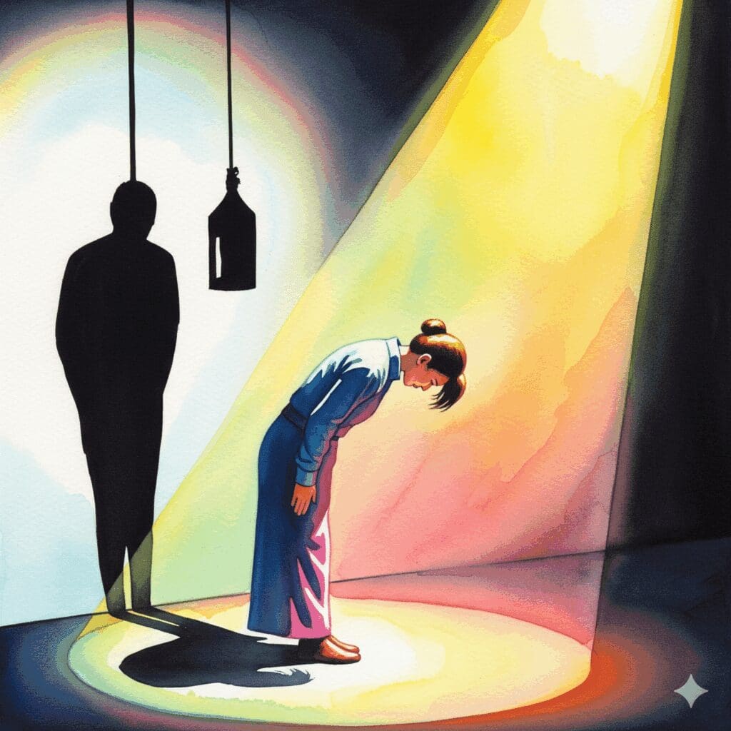 Eine Person verbeugt sich im Scheinwerferlicht, während ihr Schatten eine erhängte Figur zeigt, als Symbol für die verborgene Suizidgefahr hinter einer erfolgreichen Fassade.