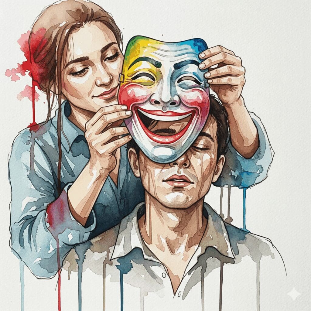 Eine Hand nimmt sanft eine lachende Maske vom Gesicht einer anderen Person, als Symbol für das mitfühlende Ansprechen von versteckter Depression.