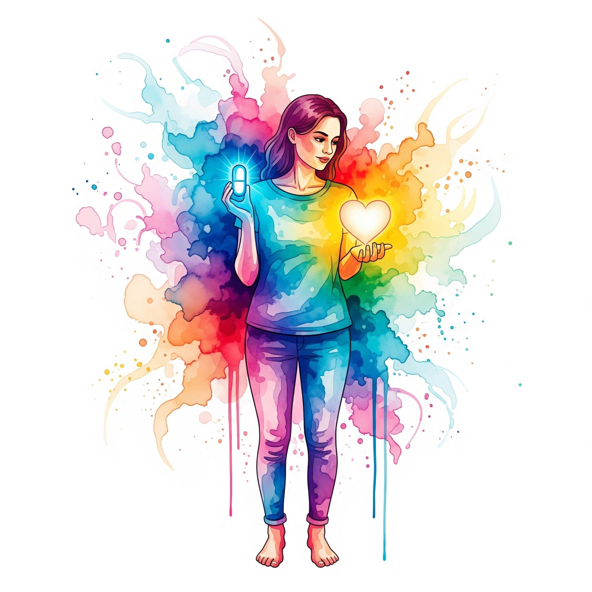 Eine Person, die eine Pille und ein Herz in den Händen hält und sich für das Herz entscheidet, als Symbol für die Selbstermächtigung und die Priorisierung der Lebensqualität.