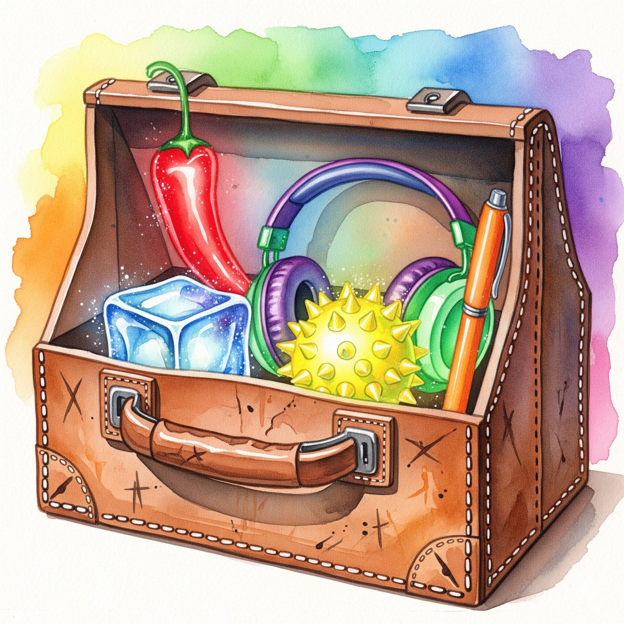 Ein Werkzeugkoffer, gefüllt mit Skills-Gegenständen wie einer Chili und einem Eiswürfel, als Symbol für die praktischen Werkzeuge zur emotionalen Regulation.