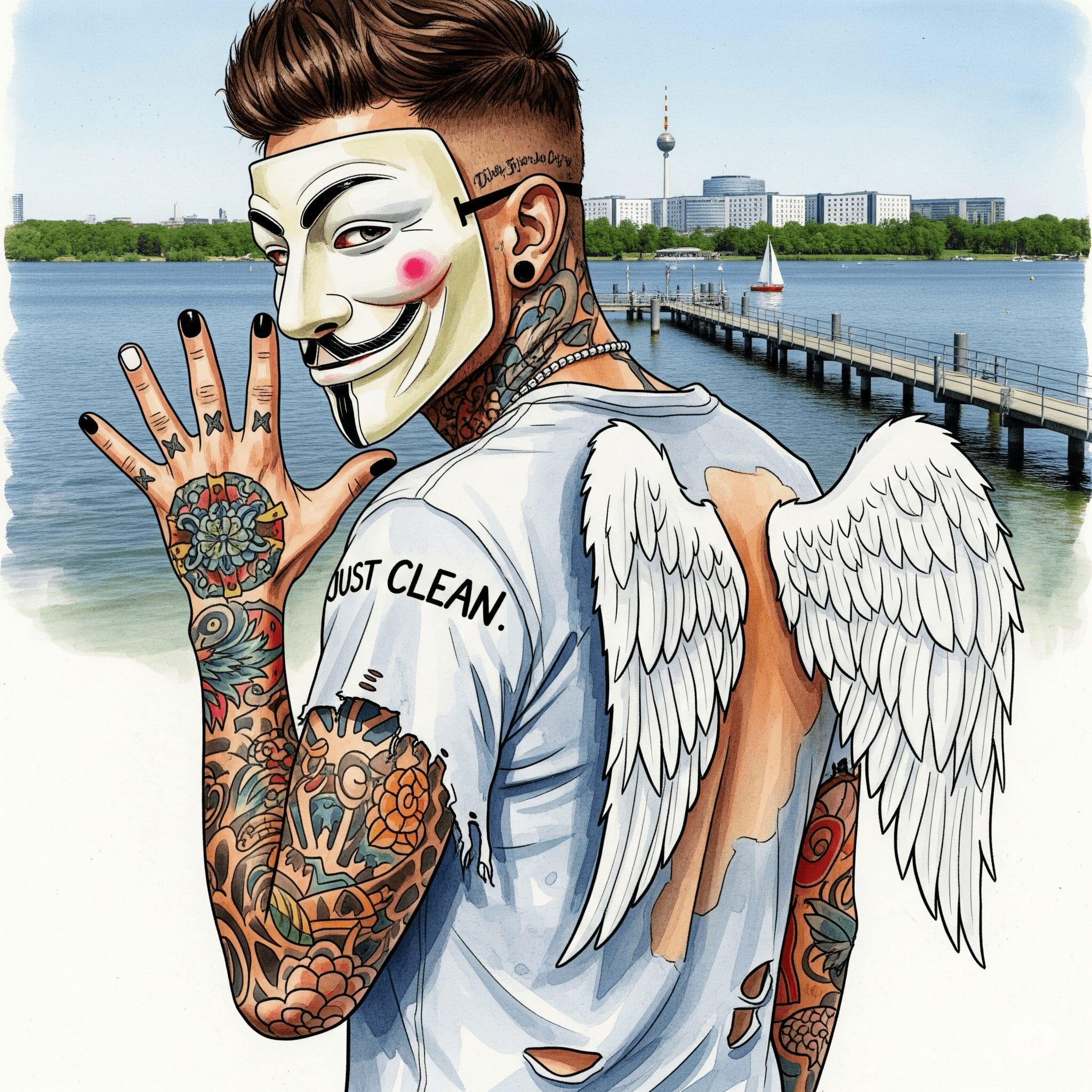 Ein schönes, ruhiges Foto vom Großen Wannsee in Berlin. Mit einem Steg, der ins Wasser führt, und einem Segelboot in der Ferne. Die Atmosphäre ist friedlich und hoffnungsvoll. "Fachklinik Lago am Wannsee", "Therapie in der Natur", "ruhiger Ort für Entzug"