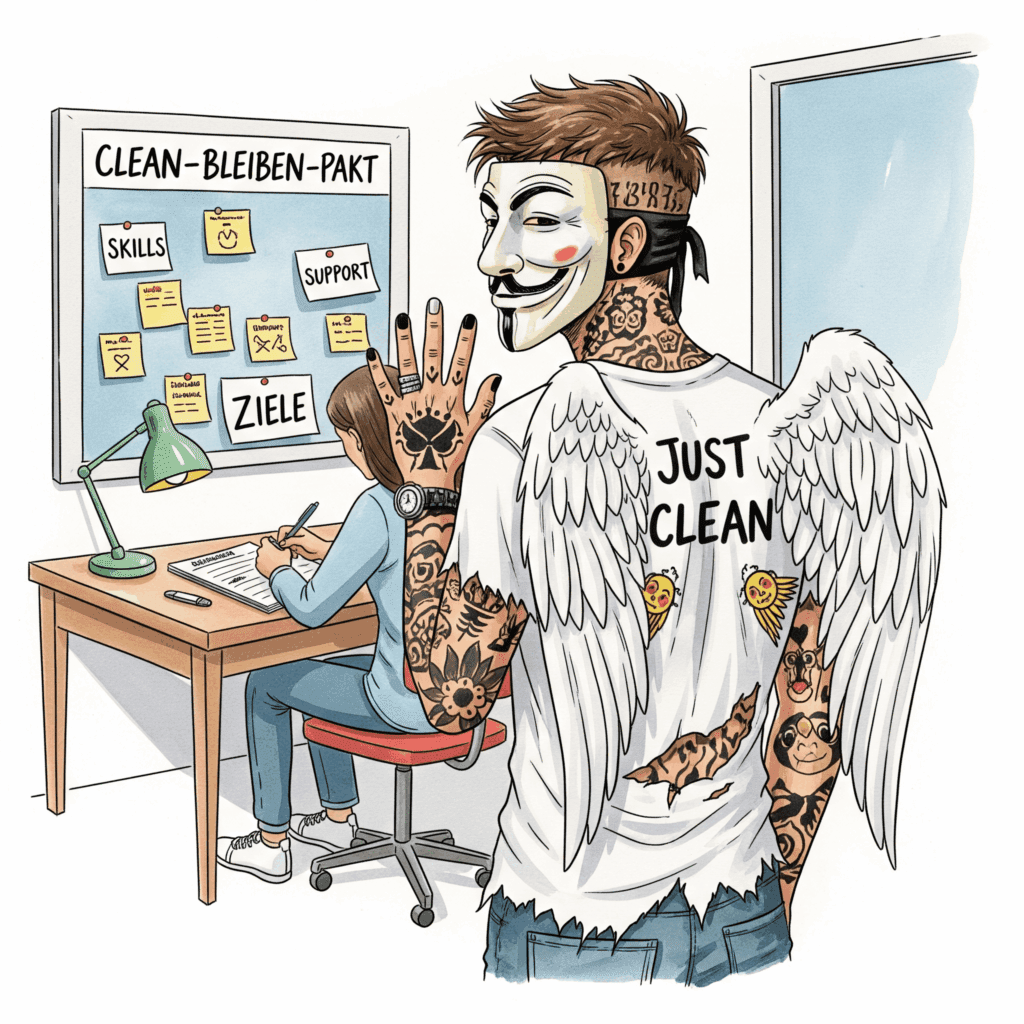 Eine Person schreibt an einem Schreibtisch an einem Plan. An der Wand hängen Notizzettel mit Überschriften wie "Skills", "Support", "Ziele". Symbolisiert das Erstellen des "Clean-Bleiben-Pakts". "persönlicher Plan Recovery", "clean bleiben Pakt", "Ziele nach Entzug"