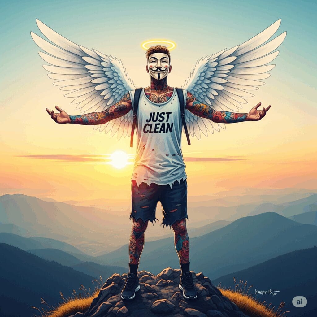 Eine Person steht auf einem kleinen Berggipfel und blickt auf die Landschaft unter sich. Die Sonne geht gerade auf. Symbolisiert das Erreichen eines wichtigen Meilensteins. "Erfolg feiern", "Meilenstein erreicht", "Stolz auf den Weg"