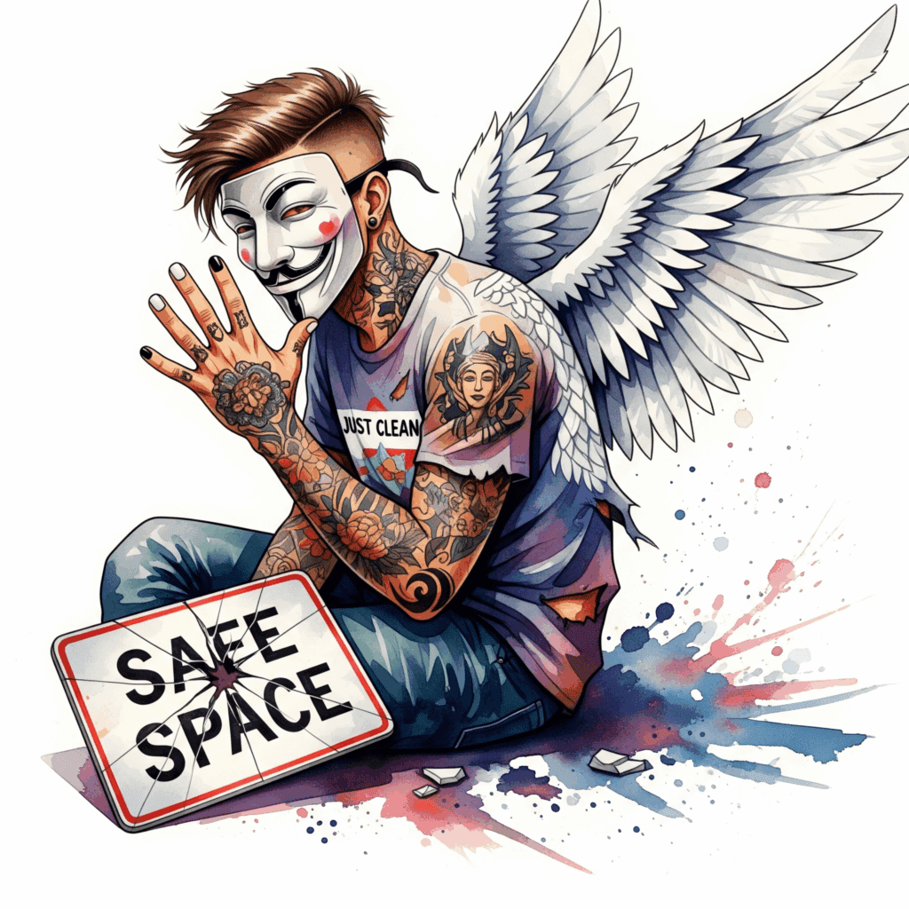 Ein Schild mit der Aufschrift "SAFE SPACE", das aber Risse hat oder zerbrochen am Boden liegt. Symbolisiert das zerbrochene Vertrauen. "zerstörtes Vertrauen", "schlechte Erfahrung Klinik", "Safe Space gebrochen"