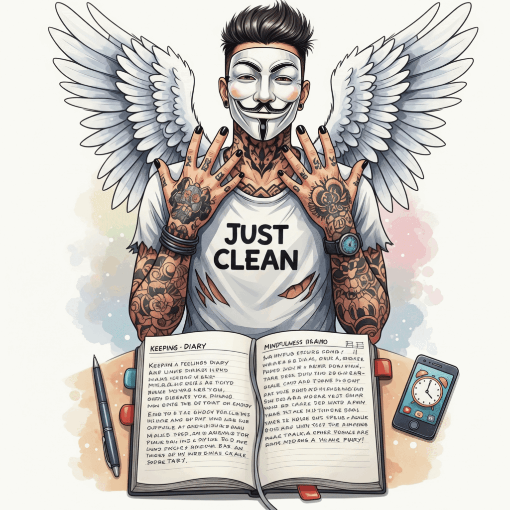 Ein Foto, das schräg von oben eine geöffnete Seite eines Notizbuchs zeigt. Darauf sind handschriftlich einige Beispieleinträge wie oben zu sehen. Neben dem Buch liegen ein einfacher Stift und vielleicht ein Handy, auf dem ein Wecker-Symbol zu sehen ist. Die Atmosphäre ist ruhig und unaufgeregt. "Gefühls-Tagebuch führen", "Emotionen notieren Übung", "Achtsamkeit bei Sucht"