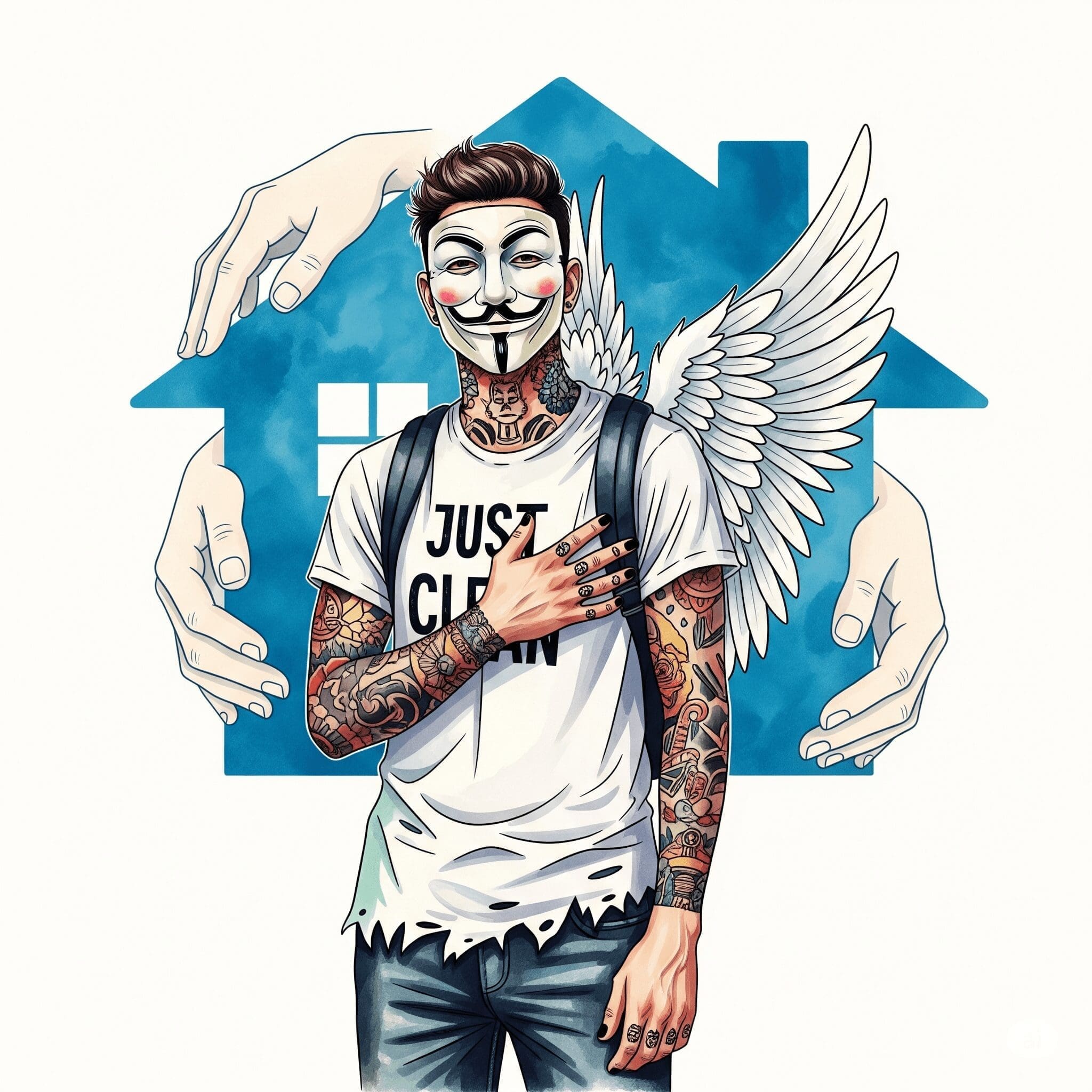 Eine stilisierte Grafik von einem Haus. Um das Haus herum sind schützende, unterstützende Hände gezeichnet. Symbolisiert die Hilfe im eigenen Zuhause. "ambulante Hilfe Sucht", "Betreuung zu Hause", "Eingliederungshilfe"