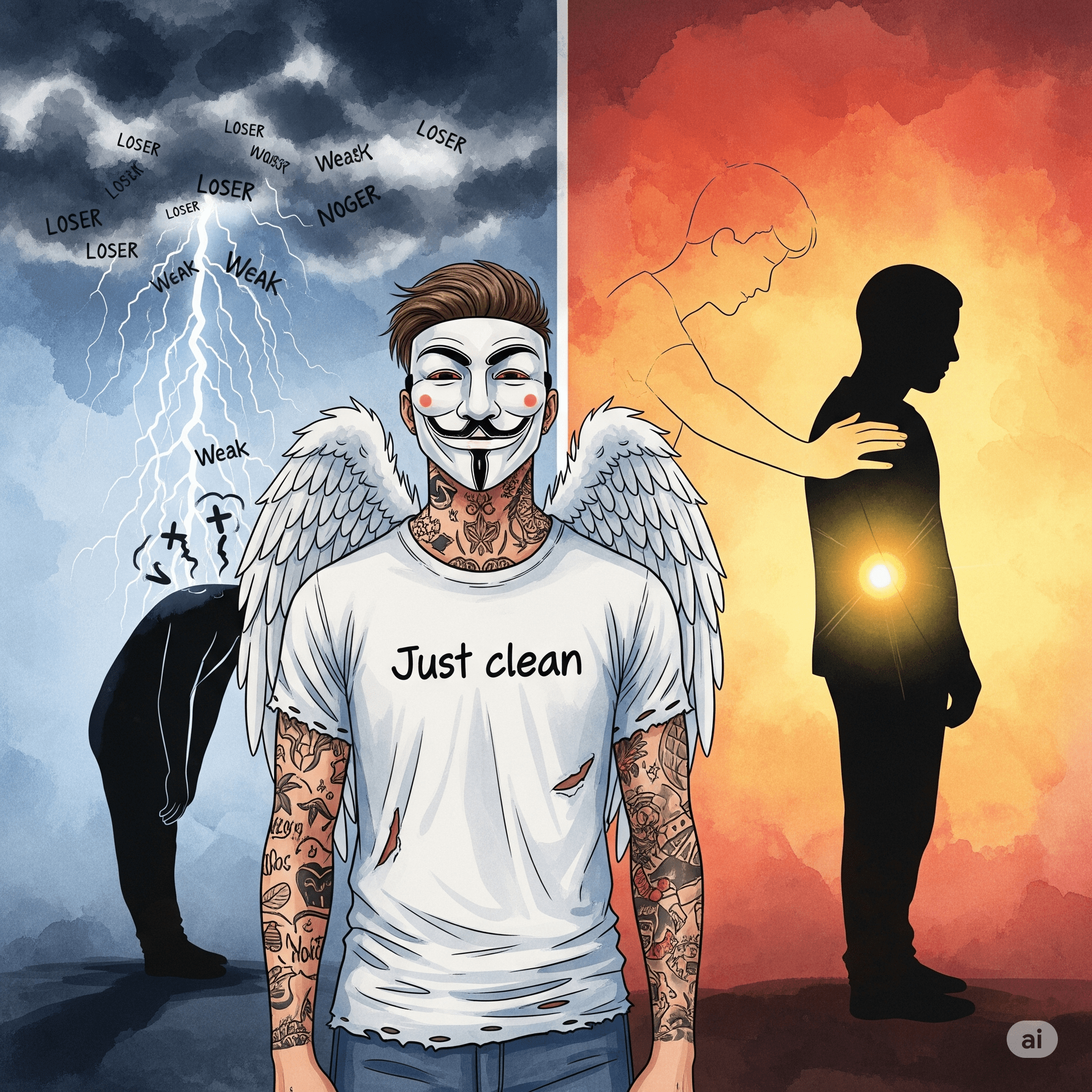 Eine einfache, aber wirkungsvolle Grafik mit zwei Panels. Panel links: Eine menschliche Silhouette steht mit gesenktem Kopf unter einer dunklen Gewitterwolke, die mit Worten wie "Versager", "Schwach" gefüllt ist. Panel rechts: Die gleiche Silhouette steht aufrecht da, legt sich selbst eine Hand auf die Schulter, und aus der Brust scheint ein kleines, warmes, gelbes Licht. "Selbstmitgefühl Übung", "vom inneren Kritiker zum Freund", "sich selbst unterstützen"