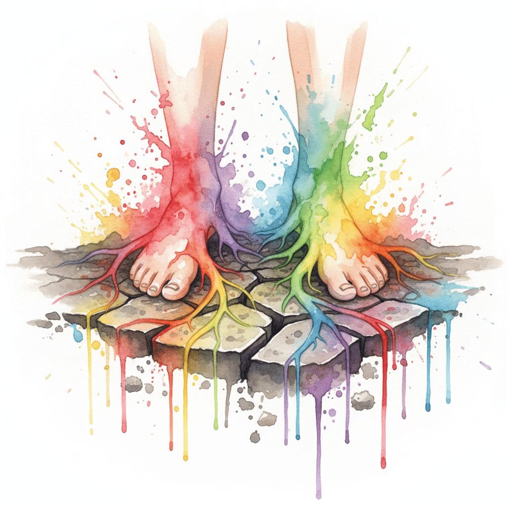 Füße, aus denen leuchtende Wurzeln in die Erde wachsen, als Symbol für Erdung (Grounding) und das Wiederankommen im eigenen Körper.