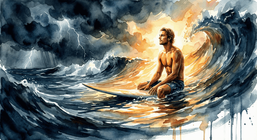 Surfer wartet ruhig im Sturm. Symbol für Akzeptanz und Geduld bei Suchtdruck.